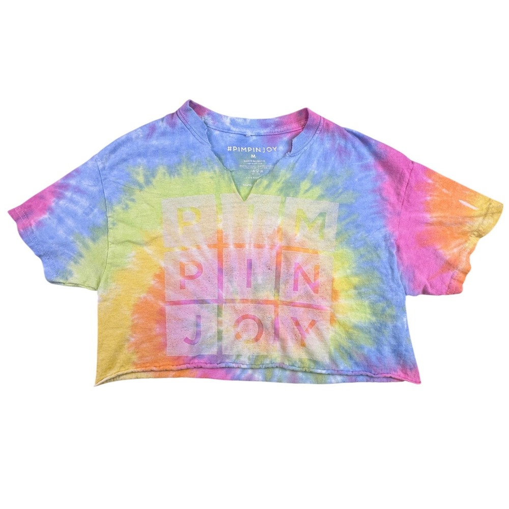 Pimpinjoy Tie Dye Crop Top Womens Medium Rainbow Graphic V-Neck Raw Hem Cotton